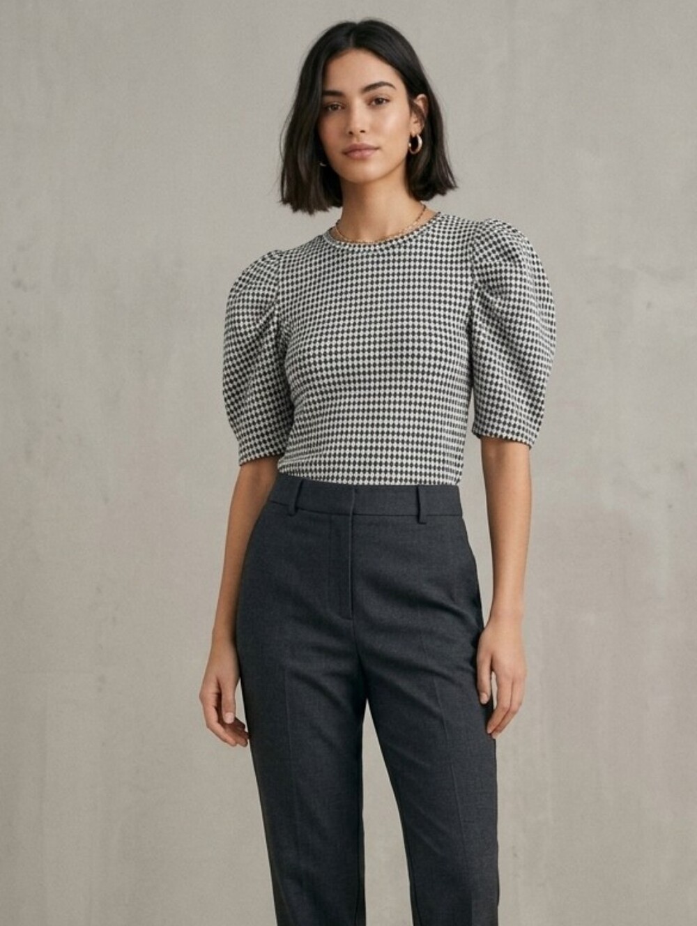 Haute Monde Black & White Houndstooth Puff Sleeve Top Size L